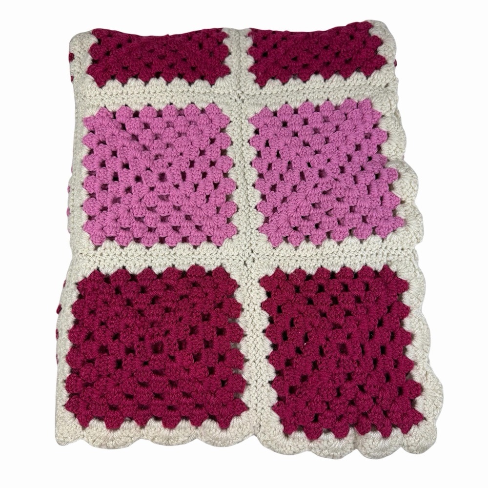 VTG Handcrafted Crochet Granny Square Afghan Blanket Throw Pink Magenta 64"x37"